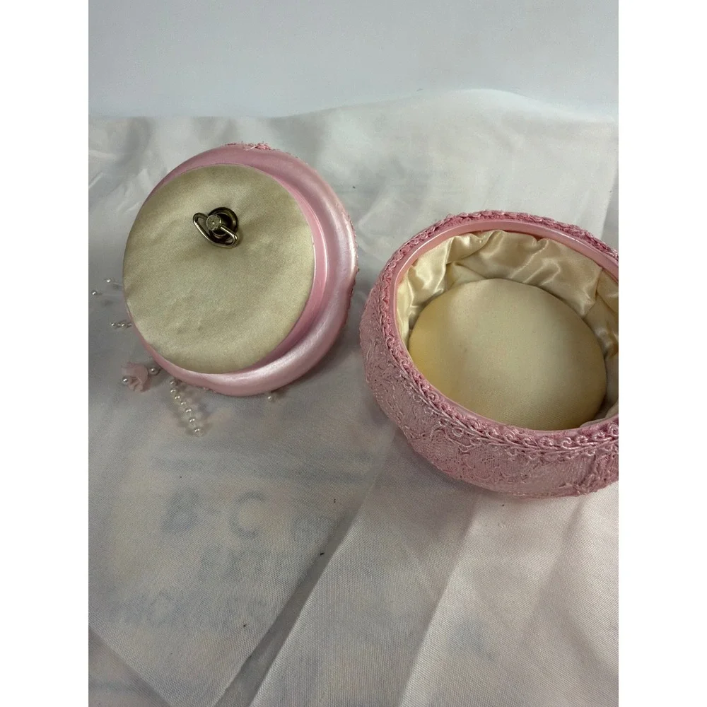 Vintage Pink Lace Trinket Box Rose Pearl Embellished Chic Musical Jewelry Case